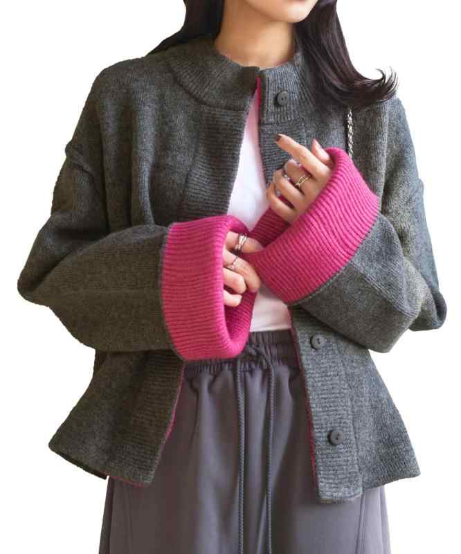 [神戸レタス] 袖バイカラー ニットジャケット ニットカーデ レディース 秋 冬 秋服...