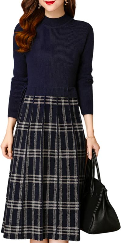 [MARIA MARFA] ワンピース レディース 秋 冬 きれいめ チェックのワンピース 長袖 リブ ドッキング トップス