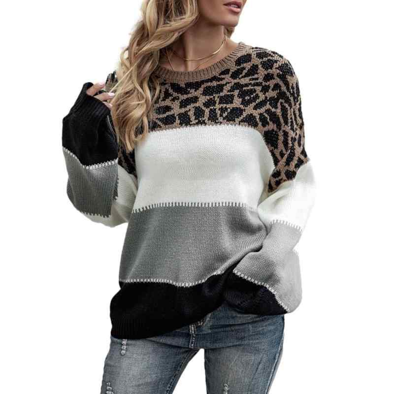 [J-Scott] [ジェイスコット] レオパード柄ニット セーター レディース ボーダー 配色 クルーネック ドロップショルダー 長袖 JS178