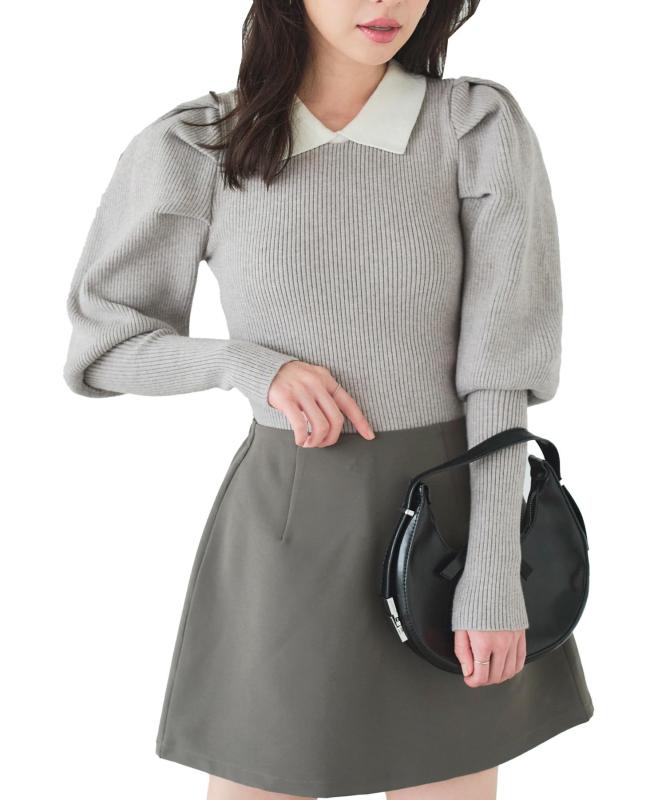 [神戸レタス] プチ襟 パフスリーブ ボリュームスリーブ ニット トップス 長袖 秋服 秋 冬 上品 きれいめ [C7184]