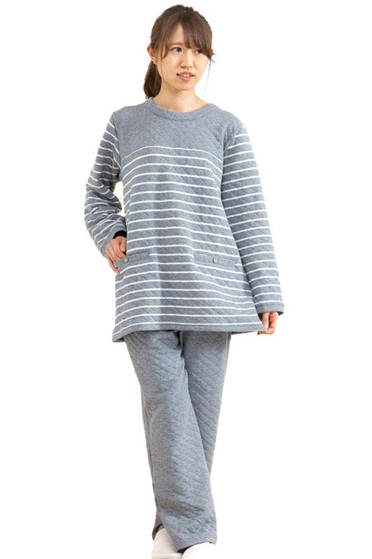 [ケーズアイ] 肌にやさしい綿100％ニットキルト パジャマ レディース 冬 かぶり長袖 ボーダー 冬向き ナイトウェア ルームウェア 部屋着 S/M/L/LL/3L