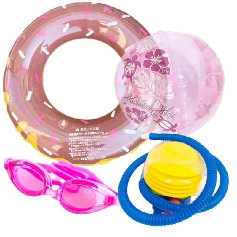 キッズ浮き輪 ドーナッツデザイン浮き輪 内周約 82cm 水遊びお役立ち関連付属品付き【 -足踏み式空気入れポンプ -ビーチボール -キッズ用水中ゴーグル 】海 プール サマーランド 楽しい水遊