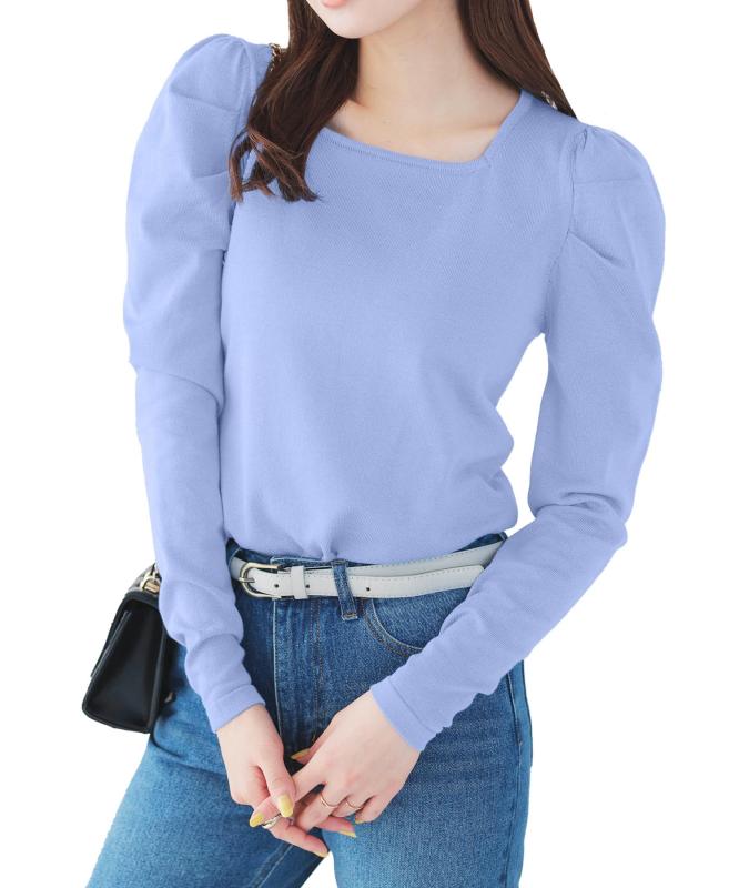 [神戸レタス] リブニット スクエアネック パフスリーブ ボリュームスリーブハイゲージニットトップス セーター [C6982]