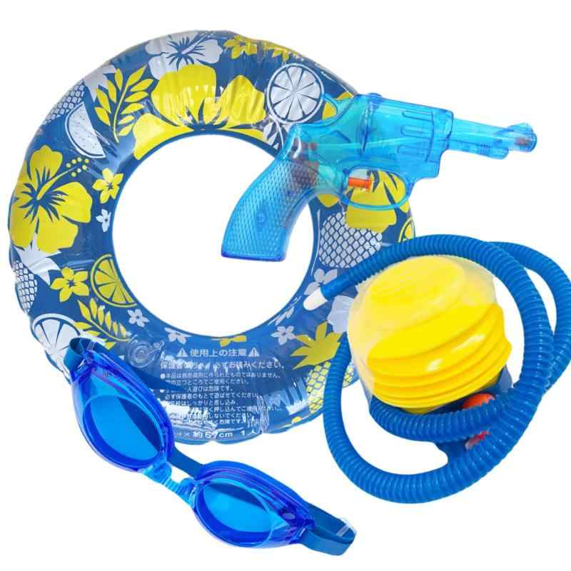 キッズ浮き輪 子供ウキワセット 内周約82cm 外径約51cm【付属品 ジュニア水中ゴーグル フットポンプ空気入れ スケルトン水鉄砲】プール・海 水遊びアイテム