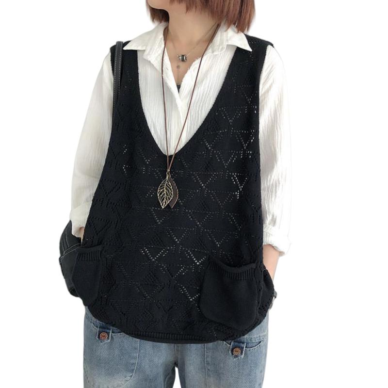 [KOEKOI] ニット ベスト レディース 刺繡トップス カジュアル 着瘦せ 無地 透かし レトロ 編み風 大きいサイズ 重ね着風 ニット セーター おしゃれ 花柄 ベストきれいめ プルオーバー サマー