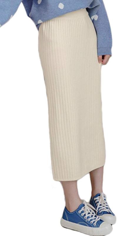 [アイカ] ニット スカート タイト Iライン ペンシル ミモレ ミディ スリット ウエストゴム 暖かい リブ編み ストレッチ カジュアル オフィス きれいめ 厚手 無地 レディース