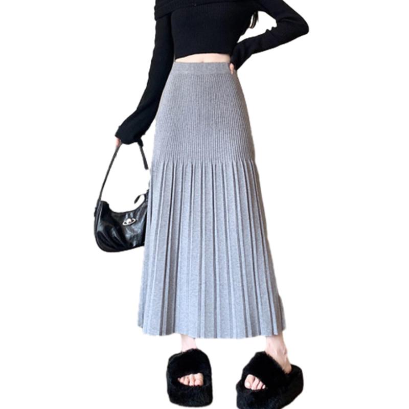 [RoyzTocz] スカート レディース ミモレ丈 ふんわり ロングスカート ニットスカート プリーツスカート Aライン フレアスカート ゴム ハイウエスト マキシスカート 美脚 脚長効果 スリム ゆった
