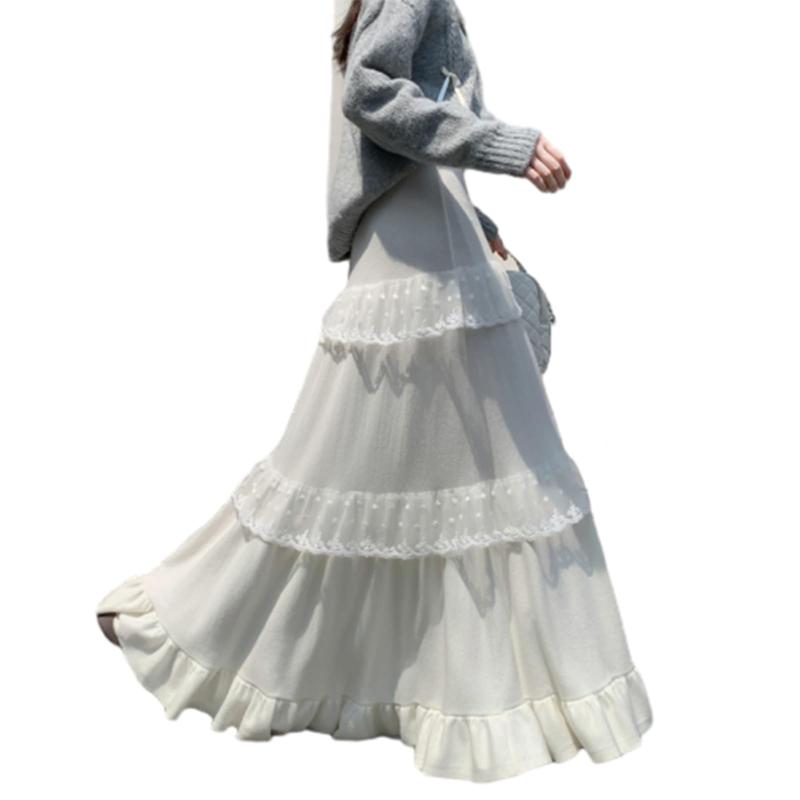 [OGCPWYQZ] ニットスカート レディース ロング ティアードスカート Aライン フレアスカート マキシ丈 レース切り替え 厚手 柔らかい ウエストゴム おしゃれ カジュアル きれいめ 可愛い 無地
