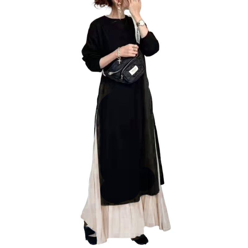 [AINOR] ワンピース レディース 秋 冬 春 ロングワンピース ラウンドネック マキシ丈 ゆったり 体型カバー 無地 スカート セットアップ 通勤 可愛い 20代 30代 40代 50代