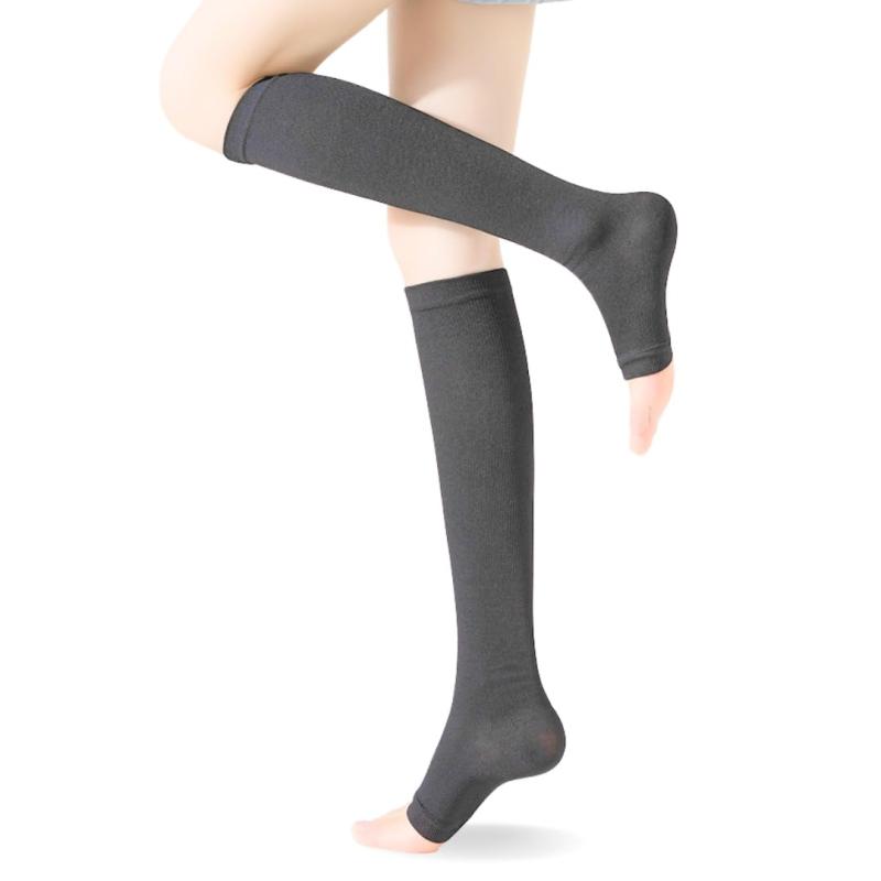 [AQshop] レディース 強すぎない弱めの 加圧 オープントゥー ハイソックス つま先なし 靴下 ひざ下丈 段階着圧 昼夜用 マタニティ 妊婦 高齢者