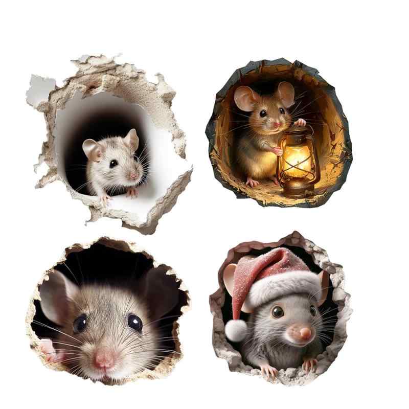 3Dネズミ デカール かわいい 穴の中のネズミ ウォールステッカー 4点セット シールタイプ ステッカー マウス 壁 ドア 台所 トイレ 雑貨 インテリア 壁に 貼って剥がせるデカール デコ