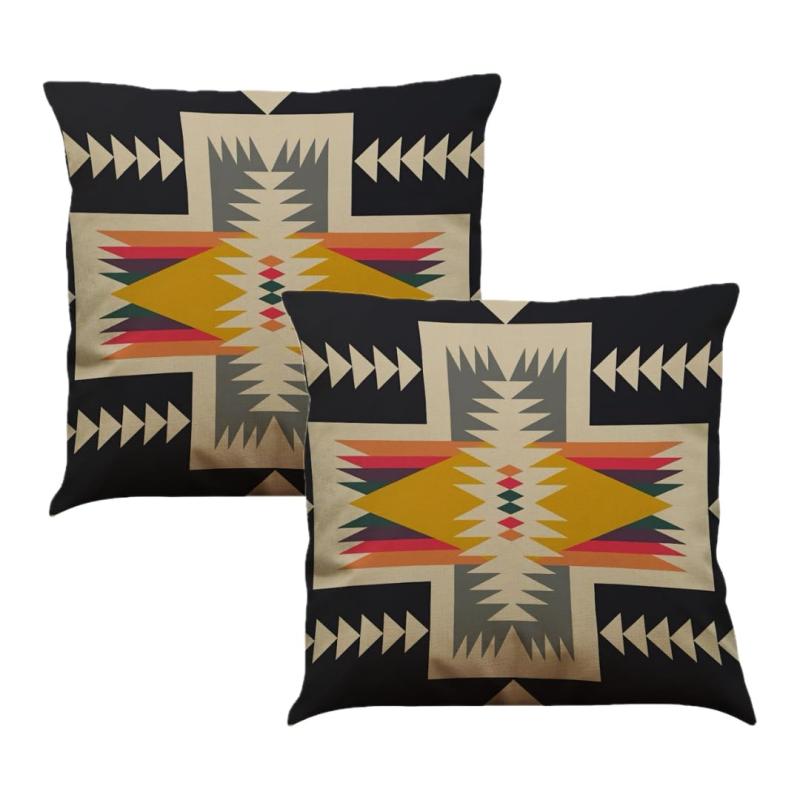 クッションカバー 45×45cm リネン 北欧 2枚セット ボヘミアン コットン かっこいい 正方形 オルテガ デザイン [並行輸入品]