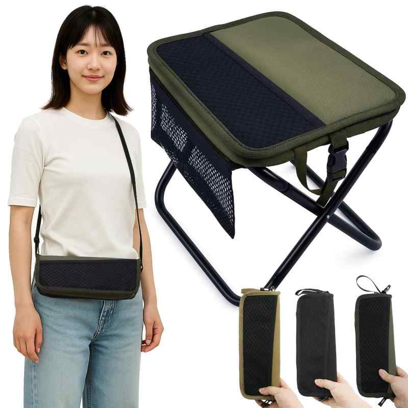 アウトドアチェア 折りたたみ椅子 超軽量 390g｜肩掛け式・2WAY仕様｜コンパクト収納袋不要｜メッシュポケット付き｜キャンプ ピクニック 釣り フェス｜日本語説明書付き｜ブラック/カーキ