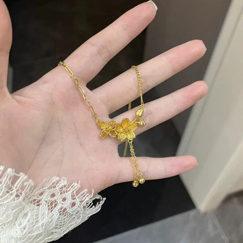 ネックレス レディース ペンダント 鎖骨チェーン 首飾り アクセサリー 花 フラワー ツインフラワー 流蘇 フリンジ ステンレス ゴールド 電気メッキ加工 金属アレルギー対応 華奢 細身 2連風 普段使い デイリー 通勤用 オフィス 上品 エレガント フ
