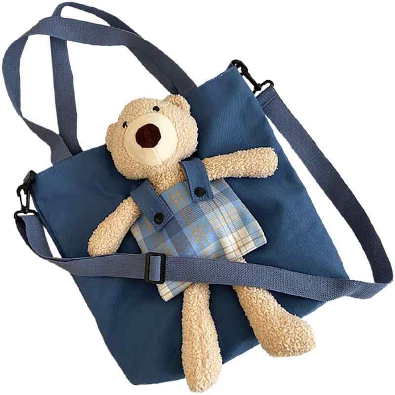[LOVE MIYABI] くまのぬいぐるみ 2wayトートバッグ テディベア キャンバス生地 開口部ファスナー 内ポケット ぬいぐるみ取り外し可能 ショルダーバッグ ふわもこクマちゃん エコバッグ 帆布か
