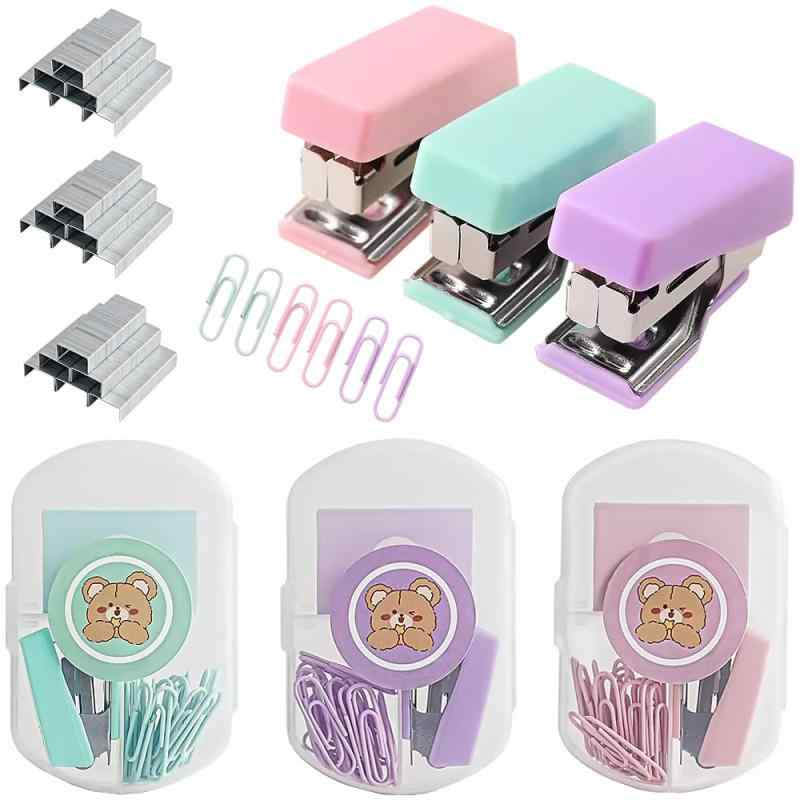 ミニホチキス ステープラー ホッチキスセット 3箱セット 小型でポータブル ホッチキス キット 美しくて..