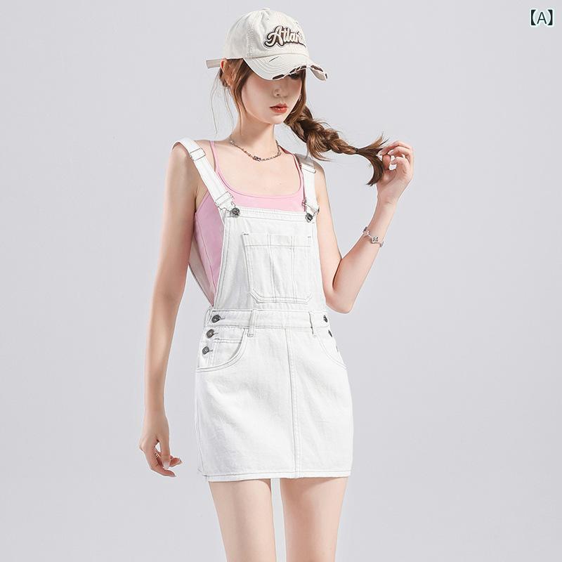 연의 裙 매달아 치마 데님 여성용 봄 여름 짧은 길이 코튼 소재 고허리 무소매 무령 포켓 첨부 학원풍 귀여운 청신 달콤한 스타일 백색 깊은 파랑 입봉지 버튼
