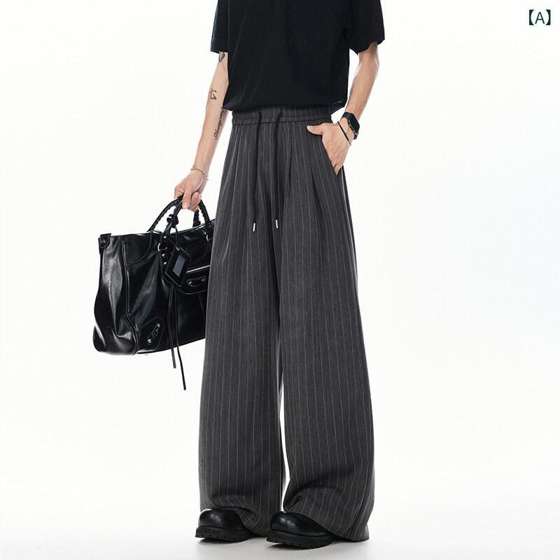 リメイクバディーのカジュアルパンツ メンズ ワイドパンツ ストライプ 接触 薄手 ゆったり ロングパンツ ボトムス 春夏 カジュアル｜アングル2
