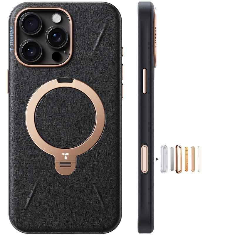 【新感覚レザー・スキンタッチ】TORRAS iPhone 用 ケース 革 ゼンマイ式 360°回転スタンド 縦横両対応 リング マグネット搭載 MagSafe対応 ワイヤレス充電対応 米軍規格耐衝撃 指紋防止 黄変防止
