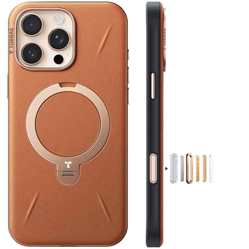 【新感覚レザー・スキンタッチ】TORRAS iPhone 用 ケース 革 ゼンマイ式 360°回転スタンド 縦横両対応 リング マグネット搭載 MagSafe対応 ワイヤレス充電対応 米軍規格耐衝撃 指紋防止 黄変防止