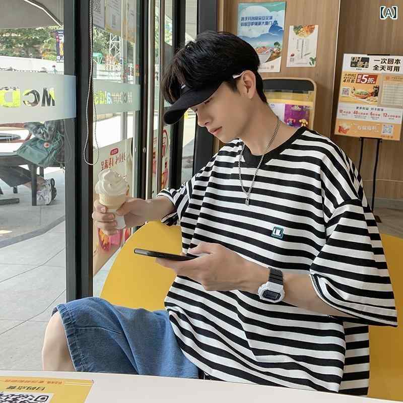 樂天商城 - メンズ Tシャツ 条紋柄 半袖 夏用 港風 韓国風 学生服 トレンド ゆったり 丸首 落ち肩 ポリエステル 混紡 透気性 日常使い 黒 赤 オレンジ 緑 青少年向け セットアップなし