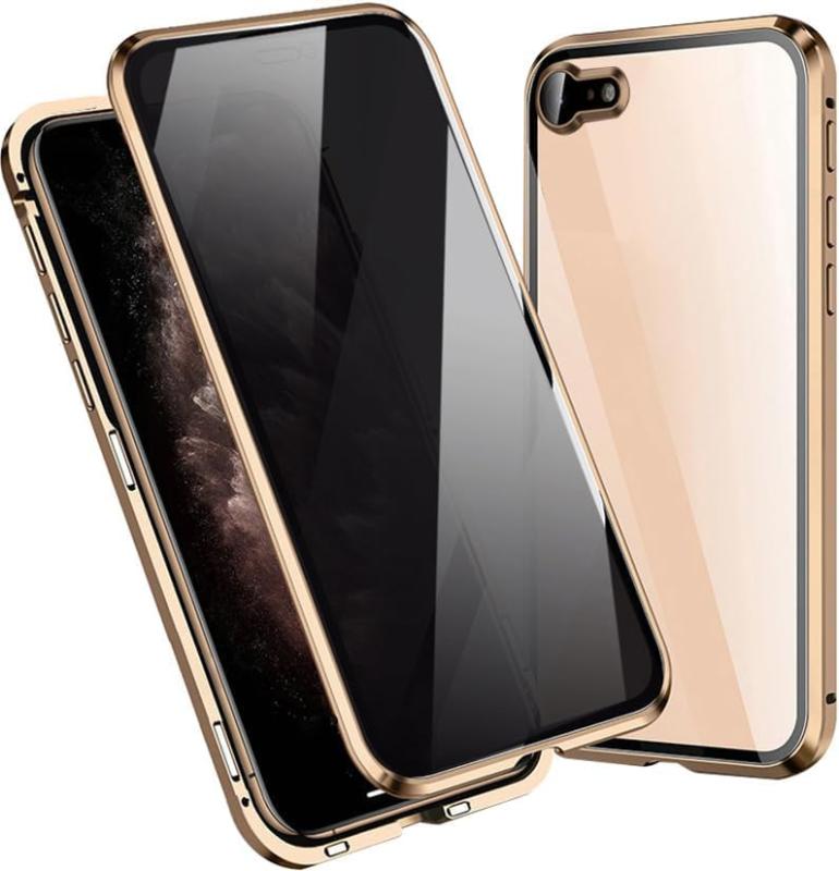覗き見防止iPhone16e 用 ガラスケース アルミバンパー薄型 背面クリア 表裏 前後 両面ガラス 360°全面保護 マグネット式 ストラップホール付 高感度タッチ アイフォン16eガラスケース 磁気吸着