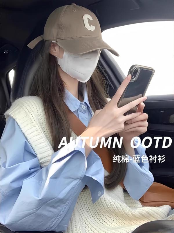 シャツ レディース トップス インナーシャツ 長袖 綿 コットン ブルー 青 重ね着 レイヤード 日焼け防止 紫外線対策 UVカット 細見え スリム 着痩せ カジュアル きれいめ 大人 おしゃれ 上品 レトロ 韓国風 春秋
