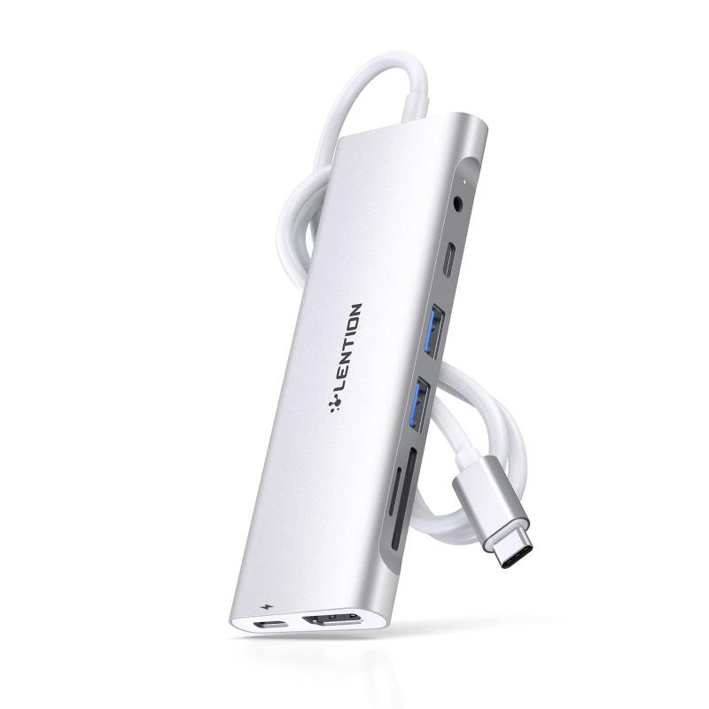 LENTION 1m 超長USB C ハブ，8in1 全機能ドックType-C HDMI 4K,PD60W 充電，USB 3.0 5Gbps，3.5mm オーディオ，SD/TF カードリーダー