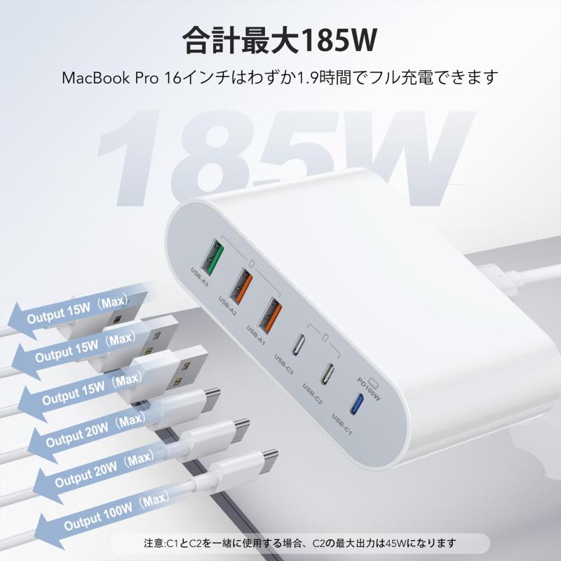 合計最大200W USB コンセント 単ポ-ト100Wまでの高出カ MacBook USB-C 急速充電器 6ポート Type-C×3 / USB-A×3 MAC ACアダプター 充電 コンセント タイプC iPhone 急速充電器 USB 充電器 Ma