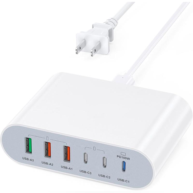 合計最大200W USB コンセント 単ポ-ト100Wまでの高出カ MacBook USB-C 急速充電器 6ポート Type-C×3 / USB-A×3 MAC ACアダプター 充電 コンセント タイプC iPhone 急速充電器 USB 充電器 Ma