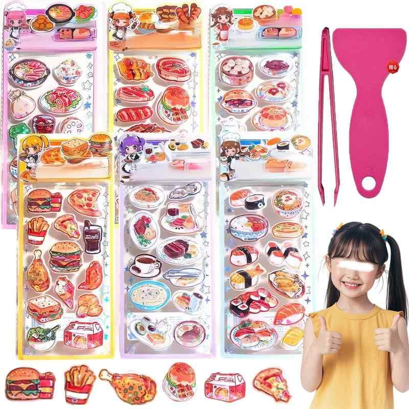 ウォーターシールセット 水シール ぷくぷく 水入り ステッカー 立体 食べ物 飲み物 パン 6枚入り 可愛い 3d立体ステッカー 動物 キャラクター 貼り付け可能 手帳用 DIY 水筒 スマホケース ノ