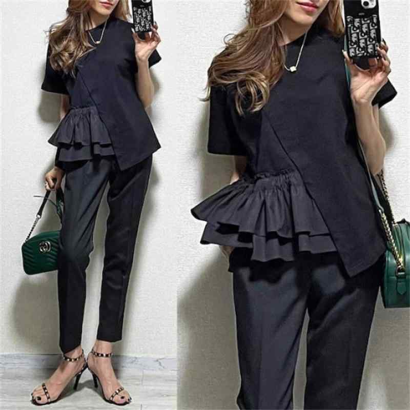 Tシャツ レディース 半袖 トップス 切り替え 荷叶辺 アシンメトリー ヘムライン ゆったり 無地 カットソー シンプル カジュアル おしゃれ 春夏