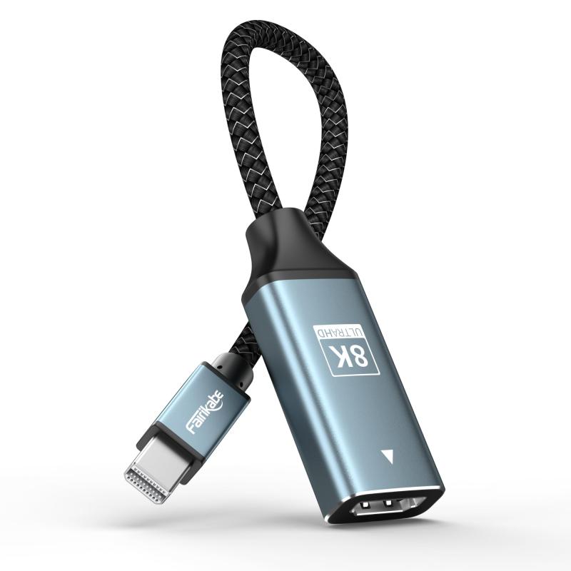 Mini DP to HDMI 変換アダプタ 8K@60Hz 4K@144Hz 2K@240Hz 15cm 編組ケーブル MDP1.4 to HDMI2.1 アクティブタイプ HDR対応 AMD Eyefinity対応 灰色アルミ製