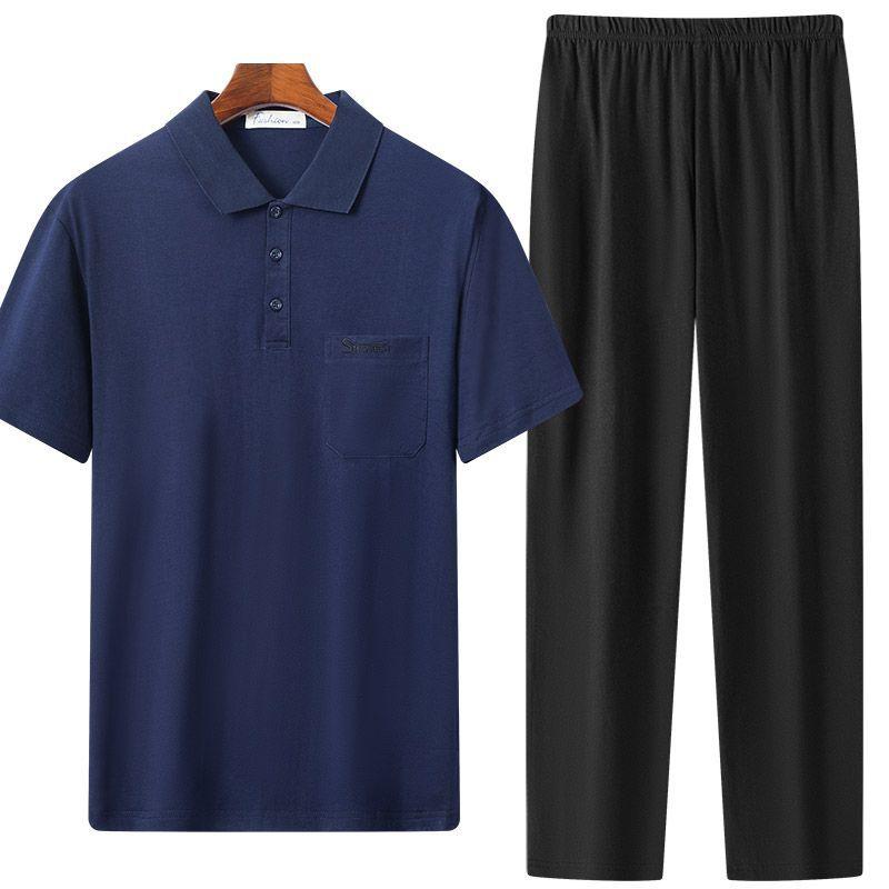 メンズ Tシャツ 長ズボン セット 綿 100% 短袖 薄手 七分丈 夏季 運動 休闲 40代 50代 60代 白色 黒 紺