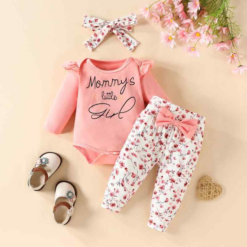 Rakuten - 女の子 ベビー 長袖 Tシャツ 蝶結び 長パン ヘッドスカーフ セット 粉 かわいい 花柄 字母柄 人工彩棉 柔らかい 日常使い 春 夏 秋 3点セット
