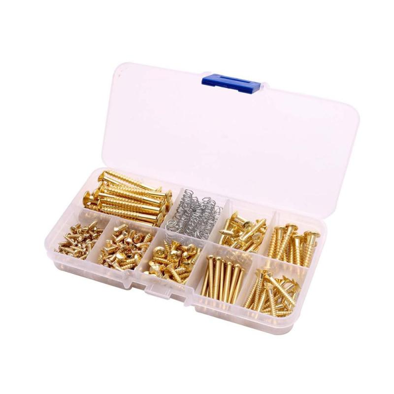 Guitar Screw Kit, Instrument Repair Accessory Kit, Pickup Rings, Guitar Accessory Set, Instrument Accessory Kit with Storage Box (9 Sizes, 226 Pieces per Box, Gold)