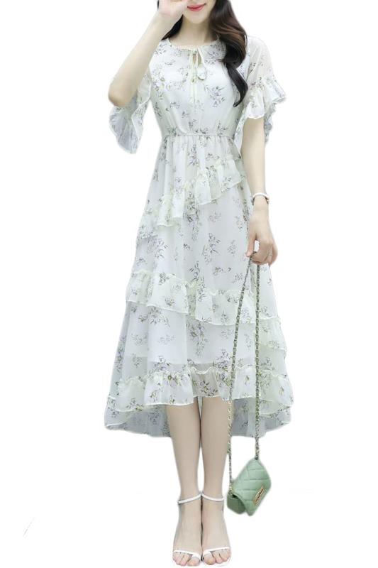 [セイラ] ワンピース 花柄 ドレス シフォン 夏 レディース ミモレ ティアード クルーネック Aライン おしゃれ きれいめ