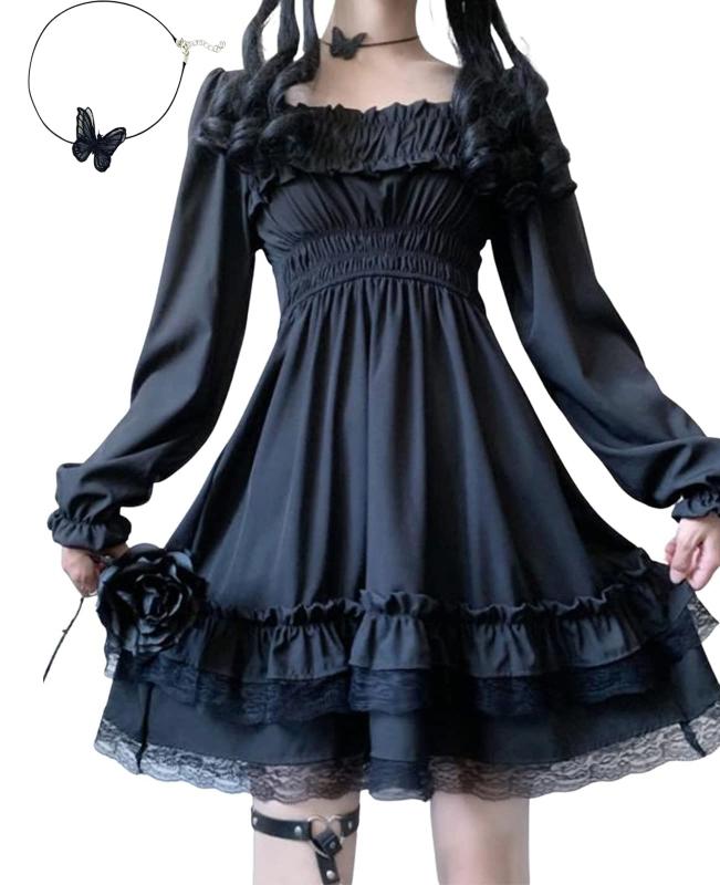 SUNNYSTEP ゴシック コスプレ ロリータ ワンピース 大きいサイズ S〜6XL ブラック 黒色 長袖 ロリィタ バタフライチョーカー付き フリル レース シンプル ひざ丈