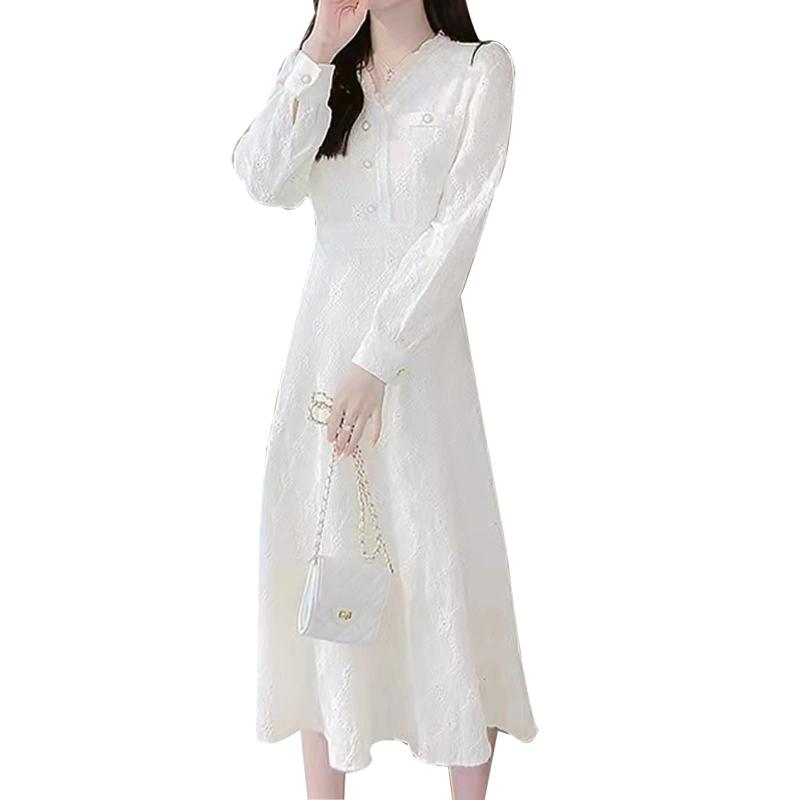 [PH.YZBBDPG] ロングワンピース レディース ワンピース Vネック 総レース 長袖 コットンリネン チュニック マキシ丈 結婚式 通勤 春 秋 冬 ファッション
