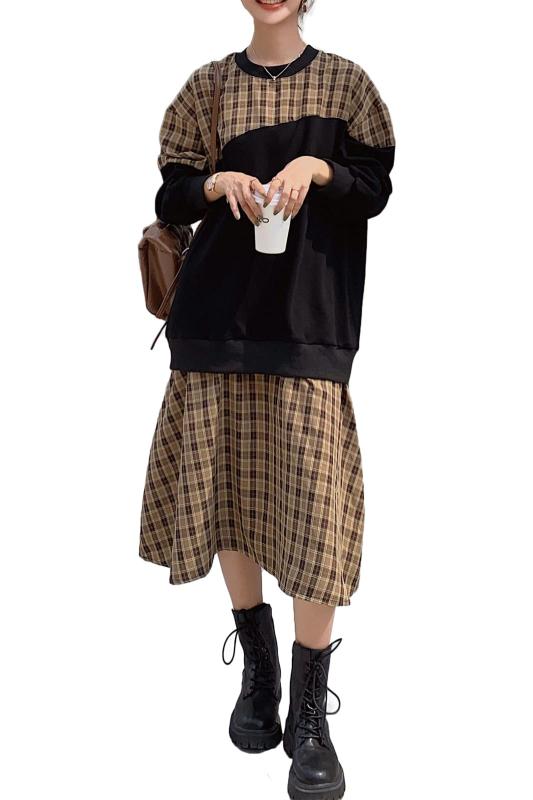 [Chubikime] ワンピース レディース 秋 冬 春 フェイクレイヤード ミディアム丈 長袖 ゆったり 体型カバー 着痩せ チェック 切り替え フレア おしゃれ きれいめ カジュアル