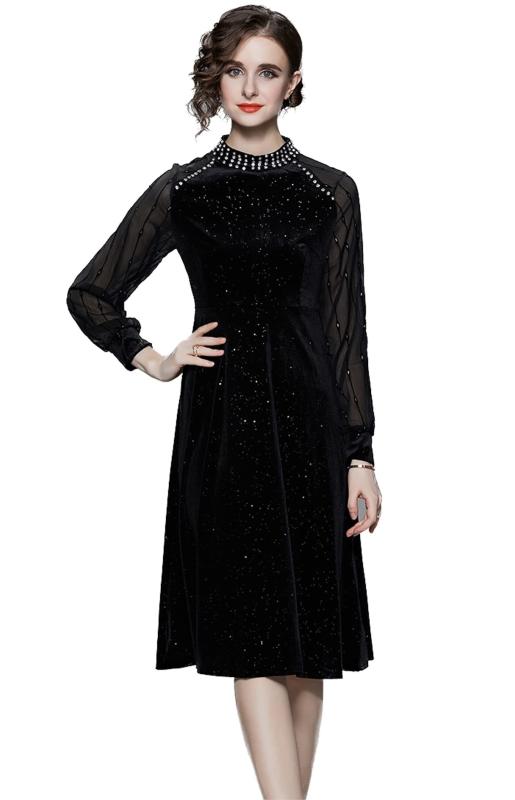 [EightSTAR Dress] パーティードレス 結婚式 ドレス 長袖 オケージョンドレス Aライン ひざ丈 ミモレ丈 セレブ シースルー ビジュー ベロア 20代 30代 40代 秋 冬