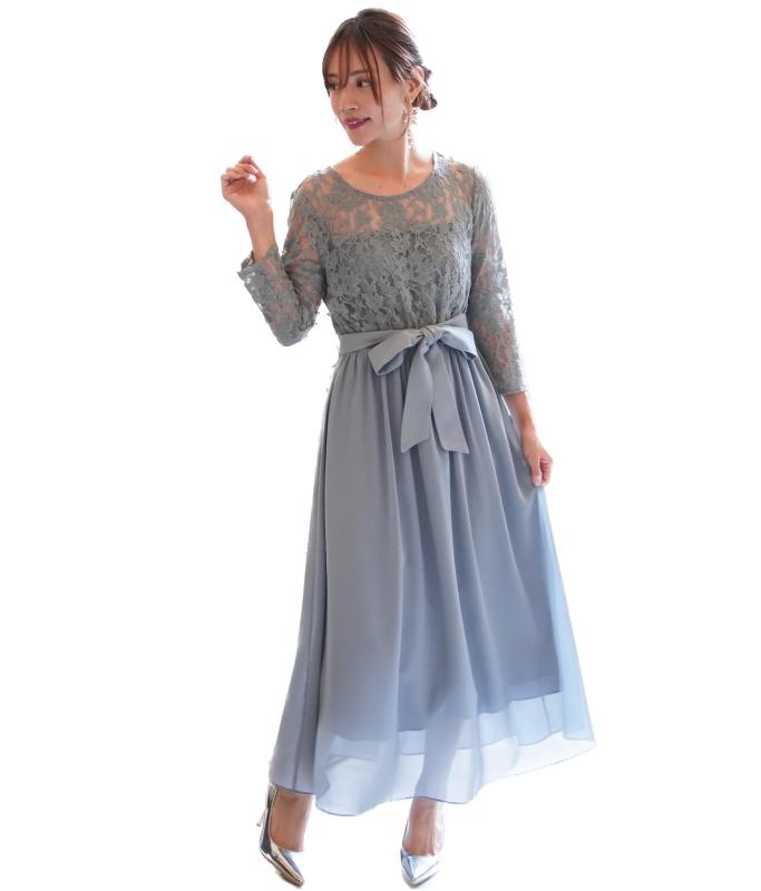 [EightSTAR Dress] 結婚式ドレス ロング丈 パーティードレス 袖あり お呼ばれ フォーマル ワンピース Aライン 二次会 レース シフォン シースルー 20代 30代 40代