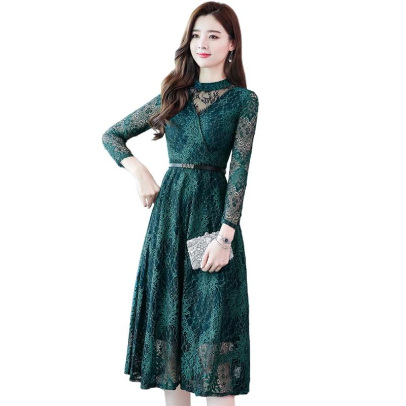 [FEISEDY] ワンピース ドレス 結婚式 パーティードレス 総レース マキシワンピース 春秋 レースワンピース ロングドレス 袖あり Aライン 謝恩会 発表会 演奏会 披露宴 二次会 ベルト付き 3色展