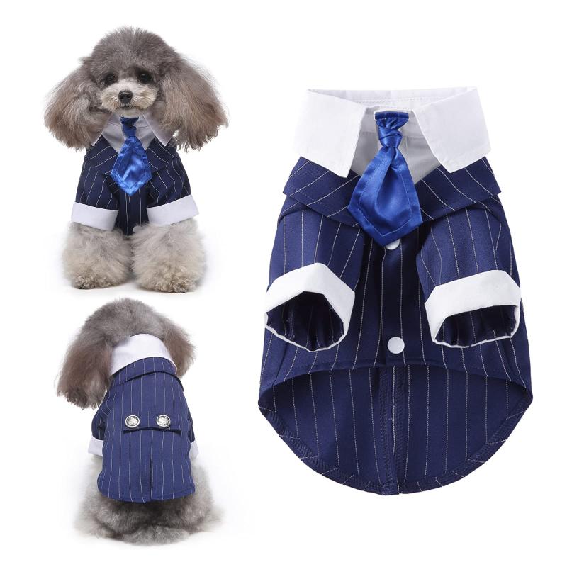 HACRAHO 犬の結婚式のタキシード, 1個 ブルー 犬の結婚披露宴のコスチューム 小型犬猫の子犬のための正式なビジネスストライプタキシード服, 胸囲16.93"