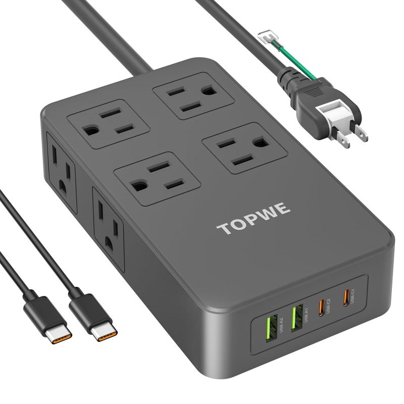 TOPWE 電源タップ USB-C type-c PD 100W 延長コード 急速充電対応【2USB-Cポート 2USB-A ポート 8ACコンセント PSE技術基準】 USB コンセント テーブルタップ タイプc USB C-C ケーブル付き AC24