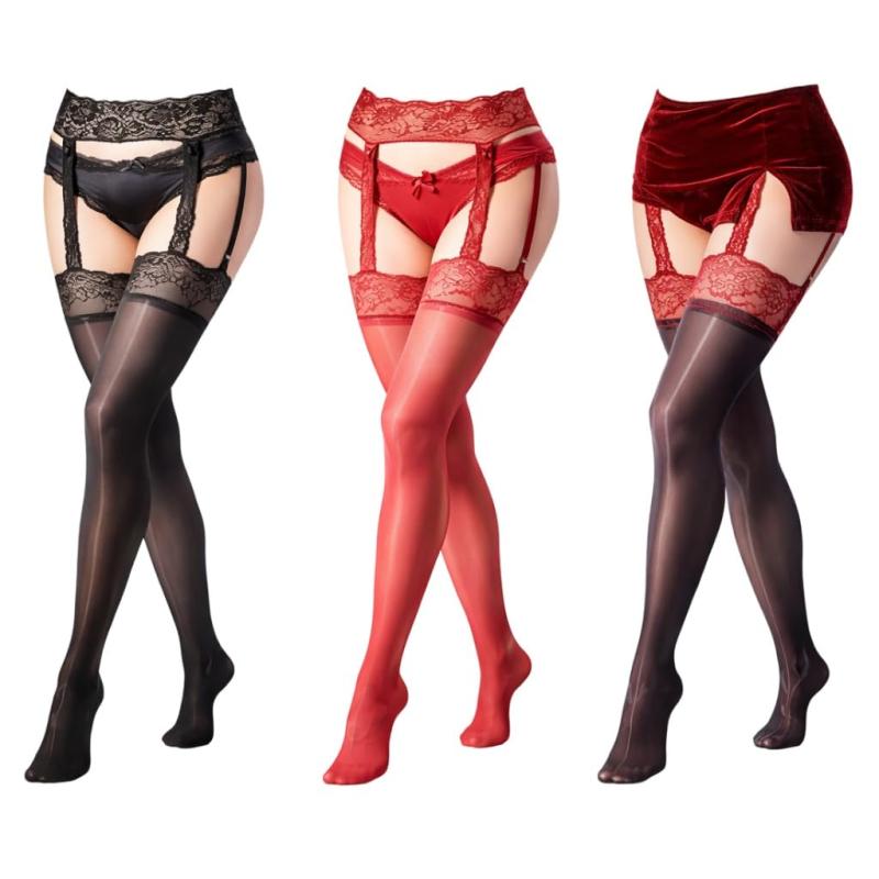 [FULL CHECK] ノワールラインオーバーニーレースストッキング ガーター一体型 レース レディース 黒 膝上 薄手 ナイロン 美脚 ロング フィット ガーターレス ストッキング 5301