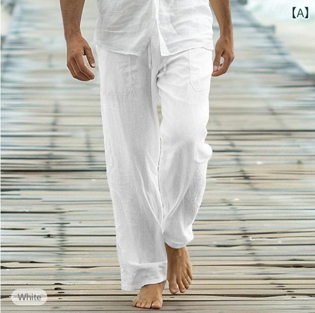 Pants - メンズ 長ズボン 直筒 ワイドパンツ ルーズフィット コットン混紡 ポリエステル95% 伸縮性 中弾力 薄手 透気性 吸湿速乾 色牢度高 腰紐 ドローストリング フロントポケット ミッドライズ ユニセックス スポーツカジュアル 日常使い アウトドア ビー