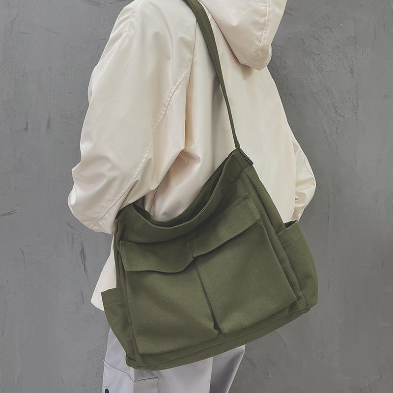 Shoulder Bags - ショルダーバッグ メンズ レディース 男女兼用 帆布 メッセンジャーバッグ キャンバス トートバッグ 鞄 大容量 多機能 ポケット 軽量 普段使い 通勤用 通学用 アウトドア 旅行 カジュアル ヴィンテージ風 黒 白 カーキ