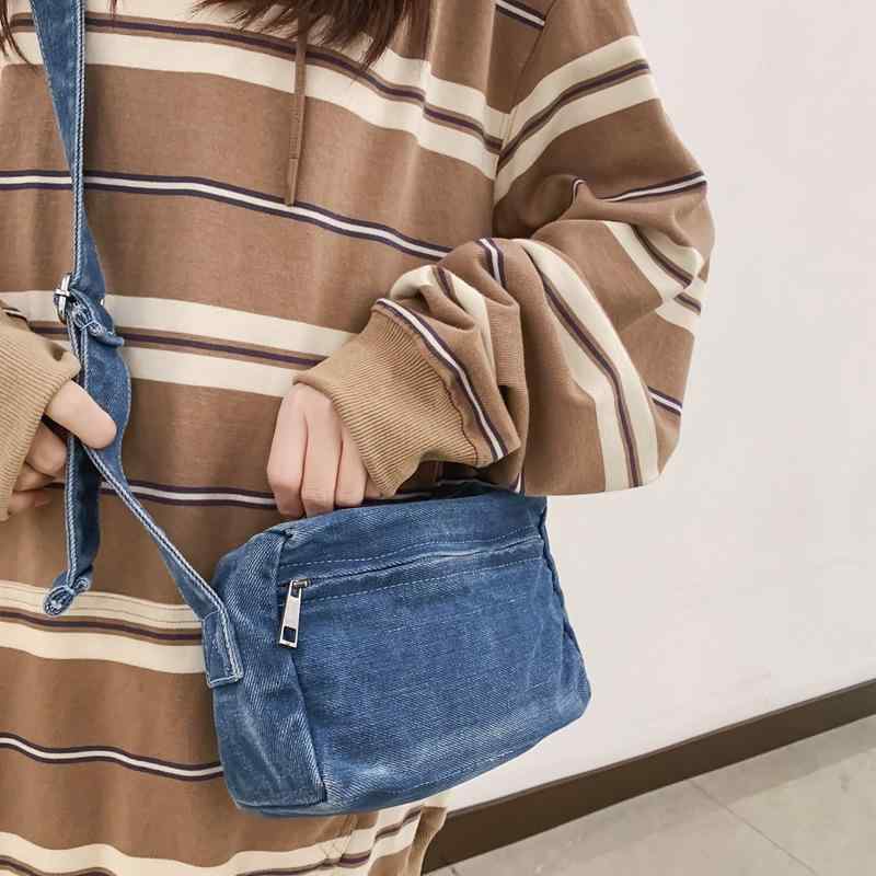 乐天商城 - ショルダーバッグ レディース デニムバッグ 肩掛けバッグ 斜め掛けバッグ 鞄 デニム レトロ ヴィンテージ風 韓国風 学生 カジュアル 通学 通勤 普段使い 日常使い 小さめ 軽量 スクエア メッセンジャーバッグ ファスナー ブラック ブルー