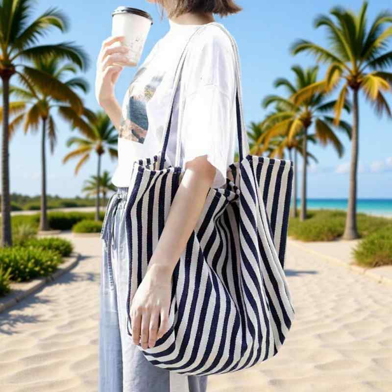乐天商城 - トートバッグ レディース 肩掛けバッグ カバン キャンバスバッグ 帆布 鞄 大容量 マザーズバッグ ショッピングバッグ 買い物袋 ストライプ 縞模様 カジュアル 通学 通勤用 普段使い 手提げ A4 軽量 ソフト ブルー ブラック